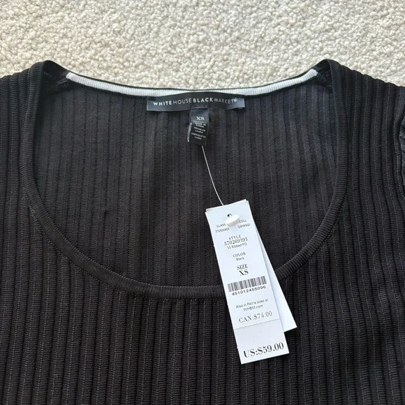 White House Black Market Black Ribbed Short Sleeve Top - Picture 2 of 7